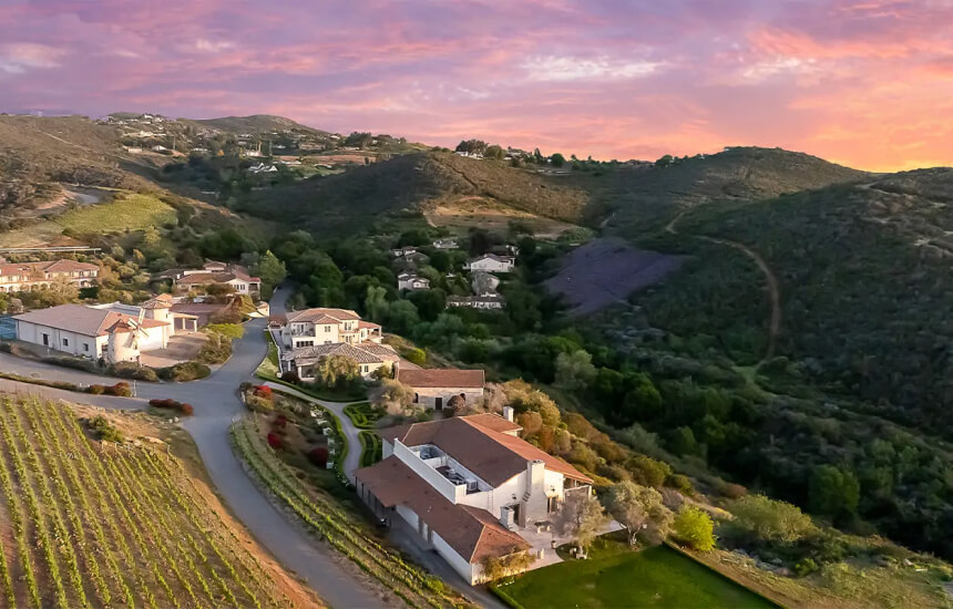 Aerial view of Cal-a-Vie Health Spa at sunset